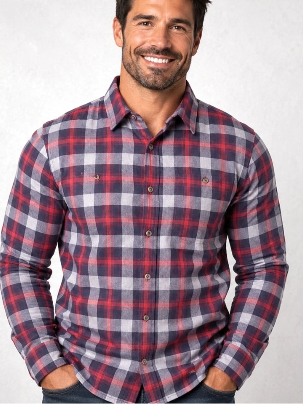Tommy Bahama Canyon Beach Flannel Men’s XL Red Navy Plaid Stretch Shirt
